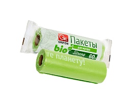 Мешки для мусора 60 л, биоразлагаемые, на втулке, зеленые, в рулоне 15 шт., ПНД, 12 мкм, 800х600 мм, GRIFON Bio, 100-060 в Челябинске