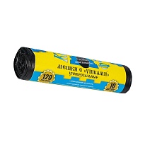Мешки для мусора 120 л, с ушками, черные, в рулоне 10 шт., ПНД, 13 мкм, 1050х680 мм, Крепакоф, 4607075710436 в Челябинске