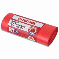 Мешки для мусора 60 л, красный, в рулоне 20 шт., ПНД, 10 мкм, 680х580 мм, LAIMA, 606702 в Челябинске