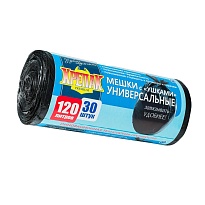 Мешки для мусора 120 л, с ушками, черные, в рулоне 30 шт., ПНД, 15 мкм, 1100х700 мм, Крепак, 4607075710375 в Челябинске