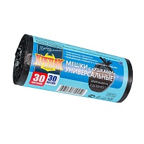 Мешки для мусора 30 л, с ушками, черные, в рулоне 30 шт., ПНД, 9 мкм, 600х500 мм, Крепак, 4607075710450 в Челябинске