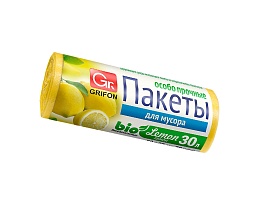 Мешки для мусора 30 л, ароматизированные, Лимон, желтые, в рулоне 20 шт., ПНД, 9 мкм, 560х530 мм, GRIFON Aroma, 101-020 Li в Челябинске