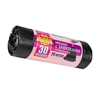 Мешки для мусора 30 л, с завязками, черные, в рулоне 20 шт., ПНД, 12 мкм, 580х500 мм, Крепак, 4607075710306 в Челябинске